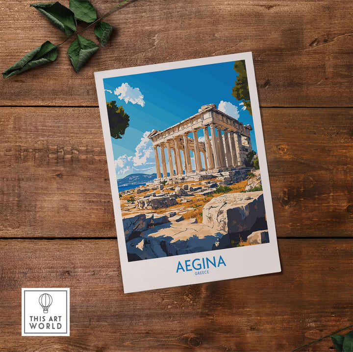 Aegina poster featuring the Temple of Aphaia in Greece, showcasing stunning Greek architecture and vibrant colors.