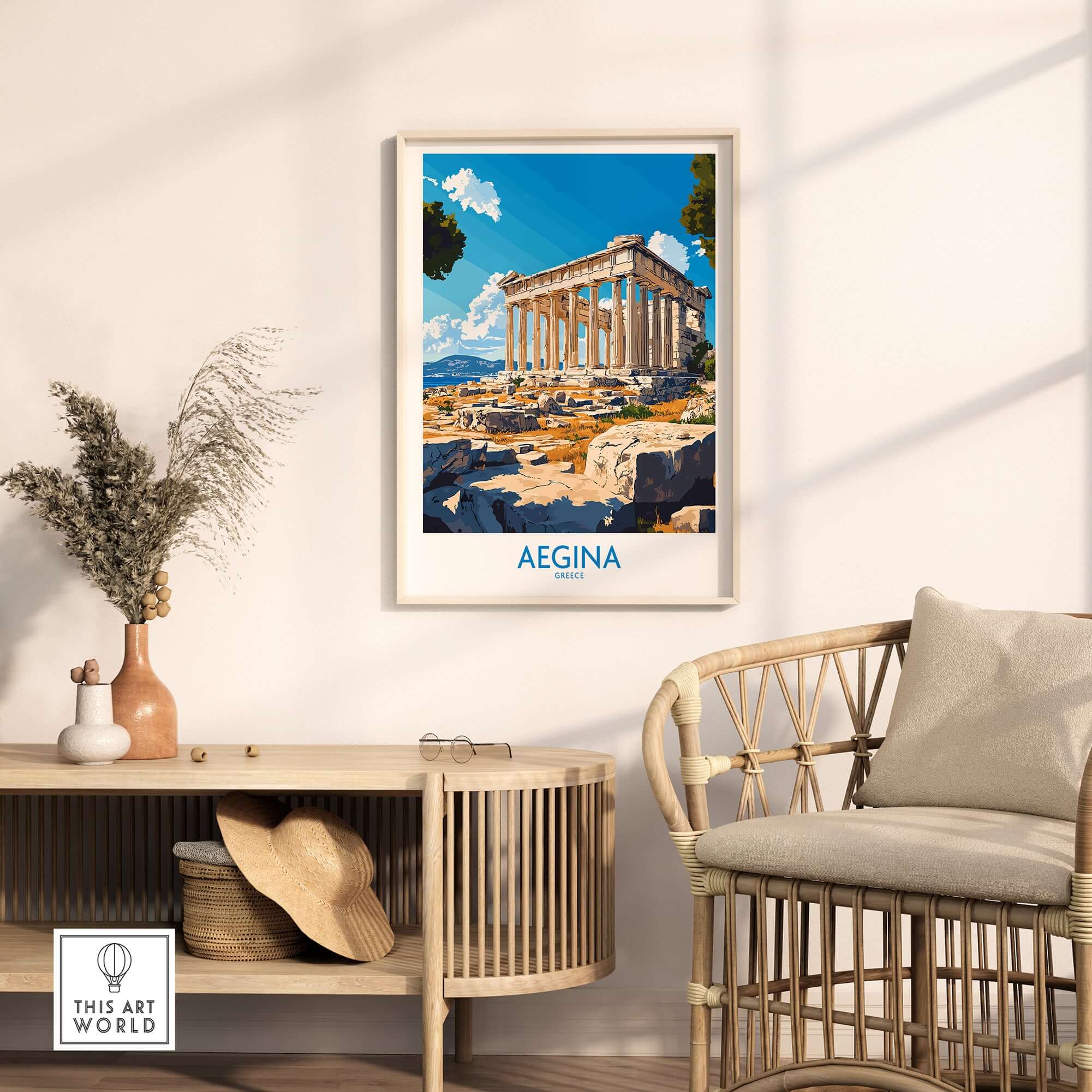 Aegina Poster Greece featuring the iconic temple of Aphaia in a stylish home setting.