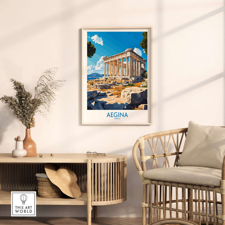 Aegina Poster featuring the iconic Temple of Aphaia in a stylish home setting, perfect for travel enthusiasts.