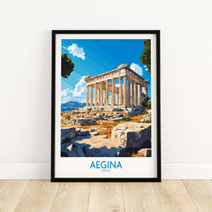 Aegina Poster Greece featuring the Aphaia temple in stunning graphic art, perfect for travel lovers.