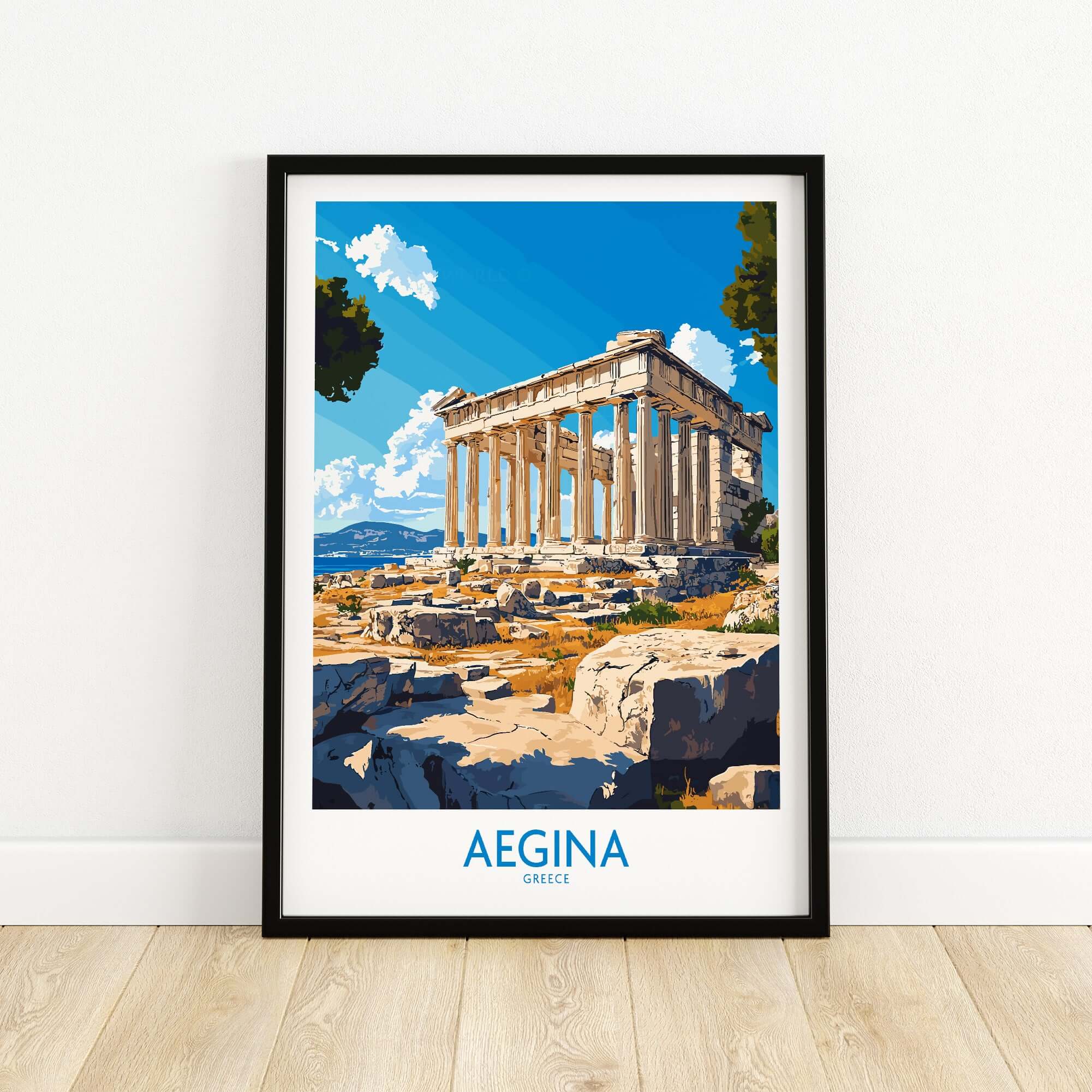 Aegina Poster Greece featuring the Aphaia temple in stunning graphic art, perfect for travel lovers.