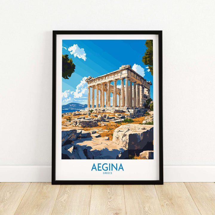 Aegina Poster featuring the Temple of Aphaia, showcasing stunning Greek architecture and vibrant colors.