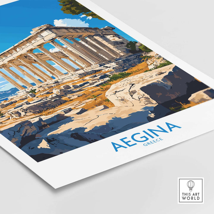 Aegina Poster featuring the Temple of Aphaia, showcasing vibrant Greek architecture and stunning landscape.