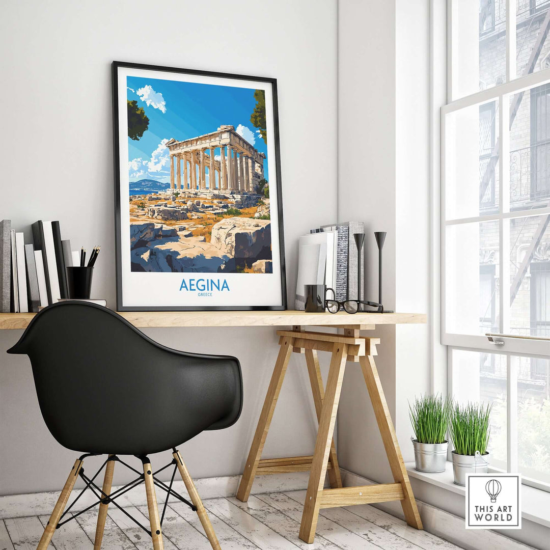 Aegina Poster featuring the Temple of Aphaia in a stylish workspace, perfect for travel enthusiasts and home decor lovers.