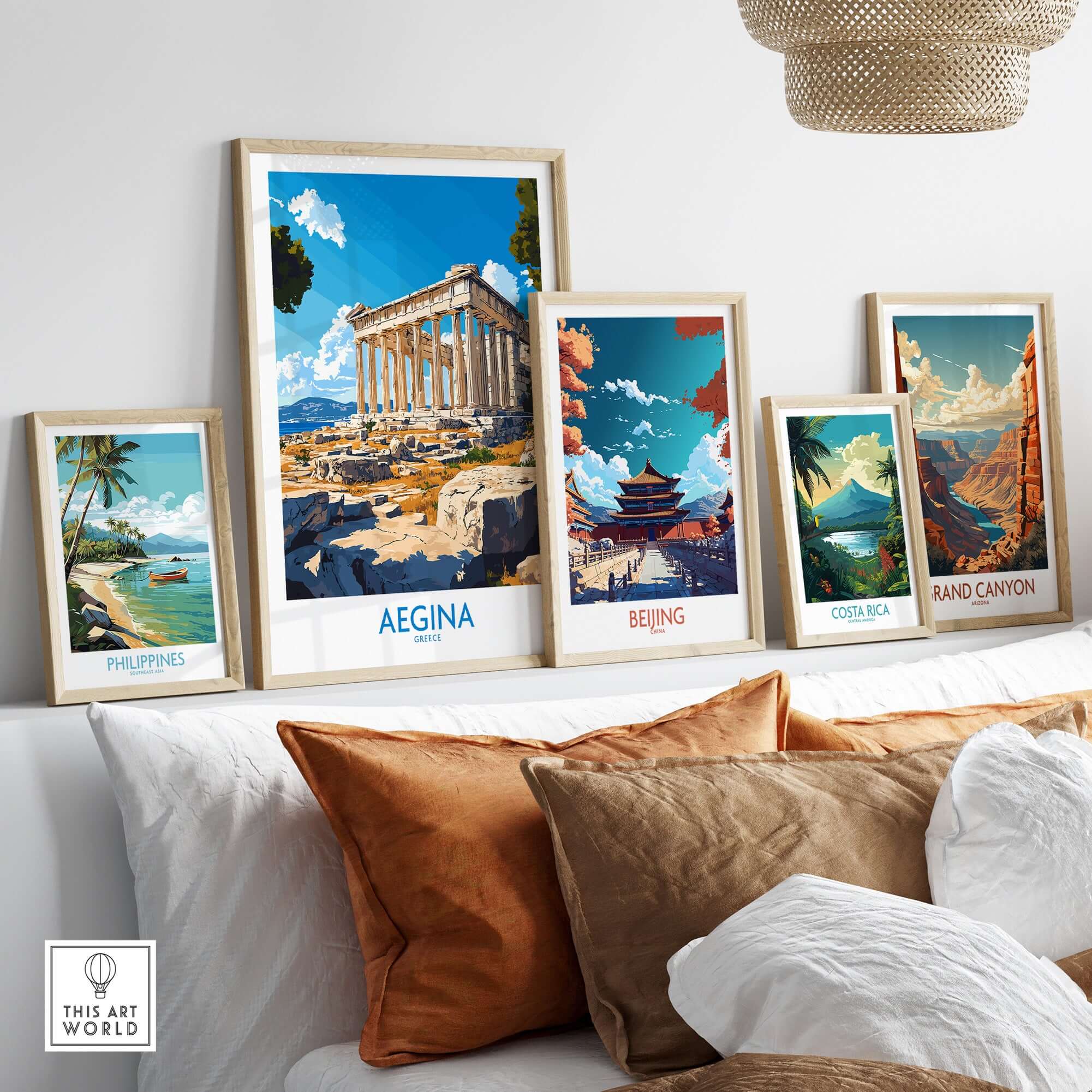 Aegina Poster Greece displayed among other travel-themed art prints on a stylish shelf.
