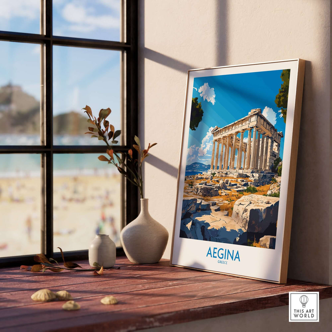 Aegina poster featuring the temple of Aphaia, displayed in a cozy interior with beach view, perfect for travel lovers.