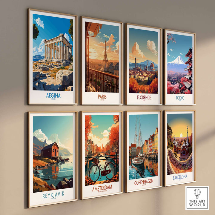 Colorful travel posters featuring Aegina, Paris, Florence, Tokyo, Reykjavik, Amsterdam, Copenhagen, and Barcelona on a wall.