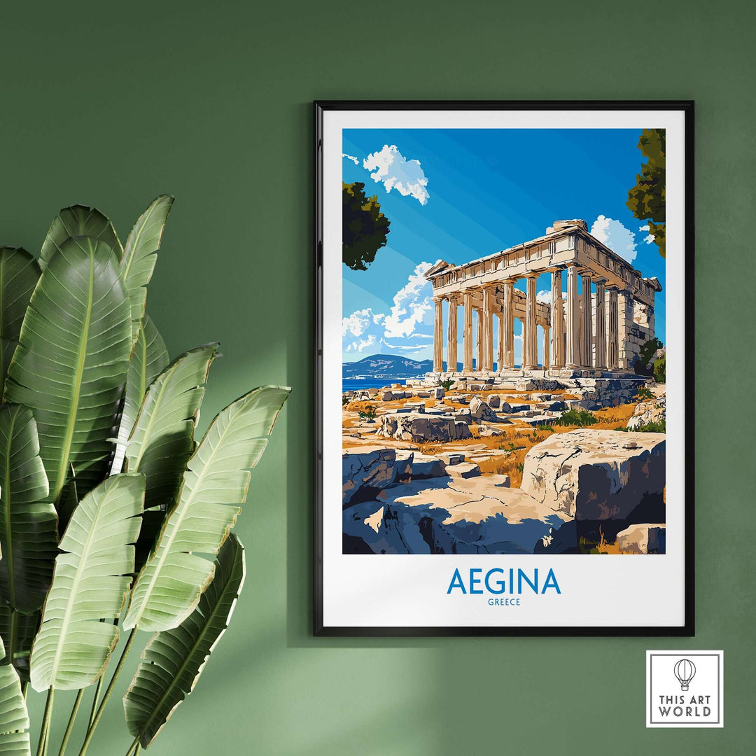 Aegina Poster featuring the Temple of Aphaia, showcasing stunning Greek architecture on a green wall.