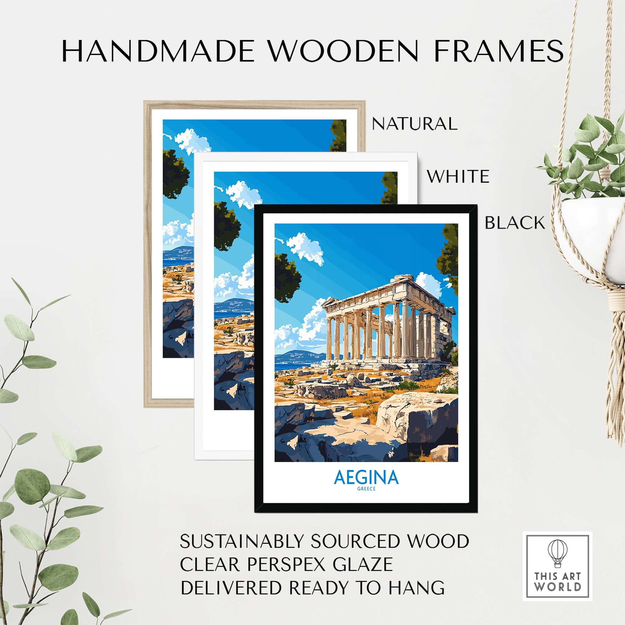Aegina Poster Greece displayed in handmade wooden frames in natural, white, and black options.
