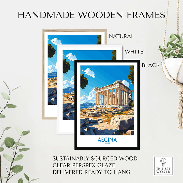 Handmade wooden frames for Aegina poster in natural, white, and black options, featuring sustainable wood and clear glaze.