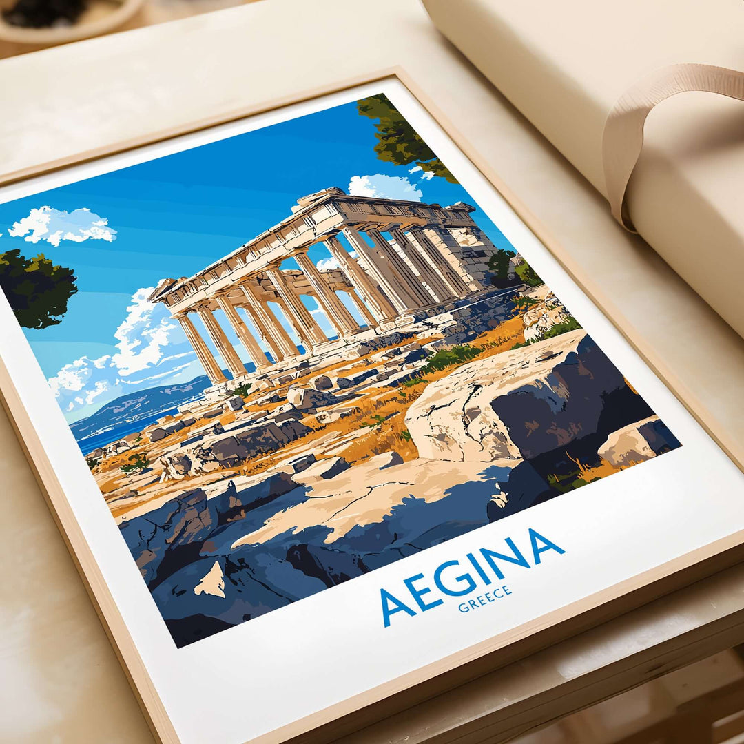 Aegina poster featuring the iconic temple of Aphaia, capturing beautiful Greek architecture and vibrant colors.