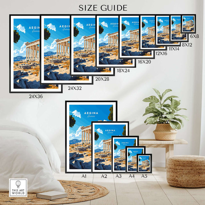 Aegina Print Greece size guide display on a stylish living room wall, showcasing various frame sizes and vibrant artwork.