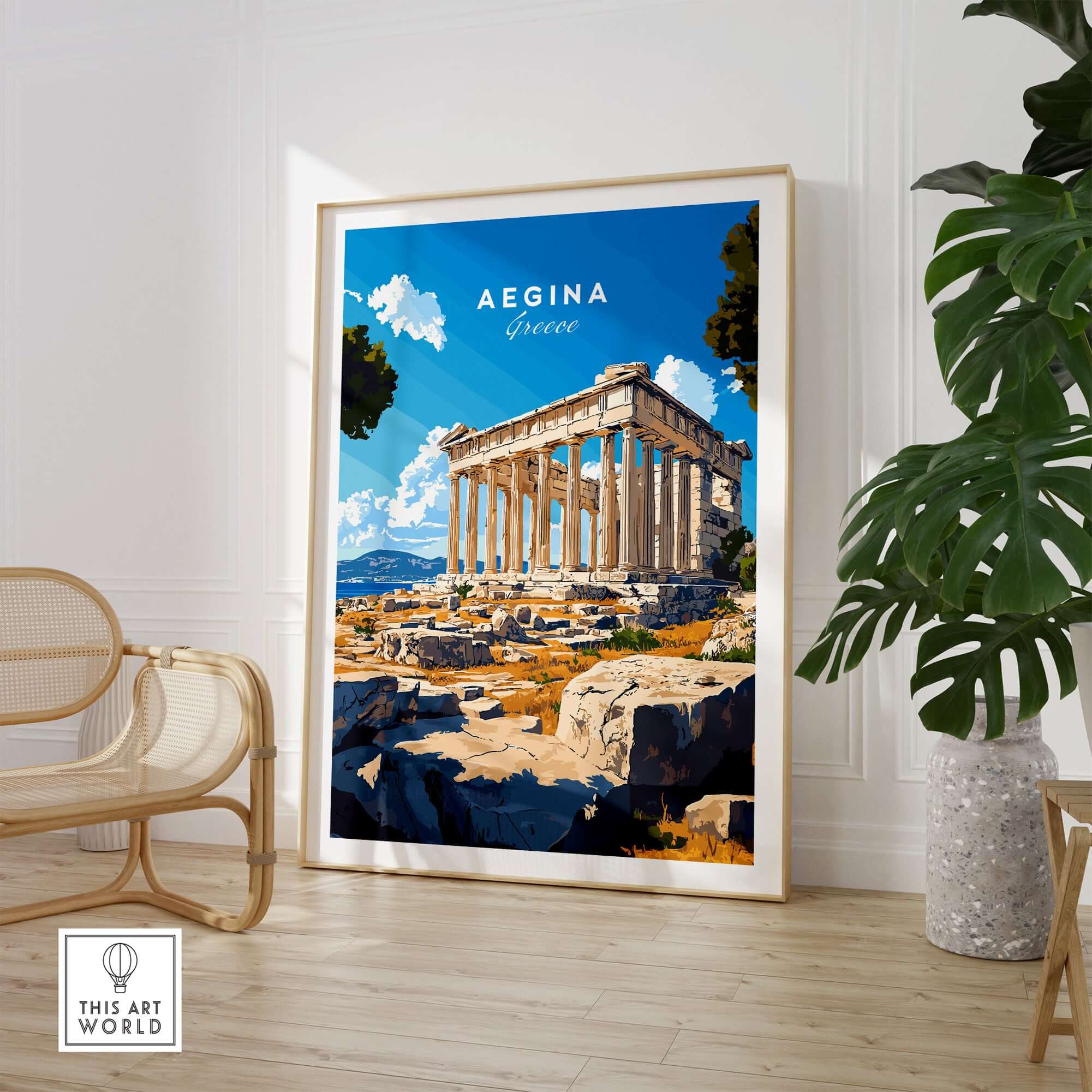 Aegina Print Greece showcasing the iconic temple structure with vibrant blue sky and lush greenery.