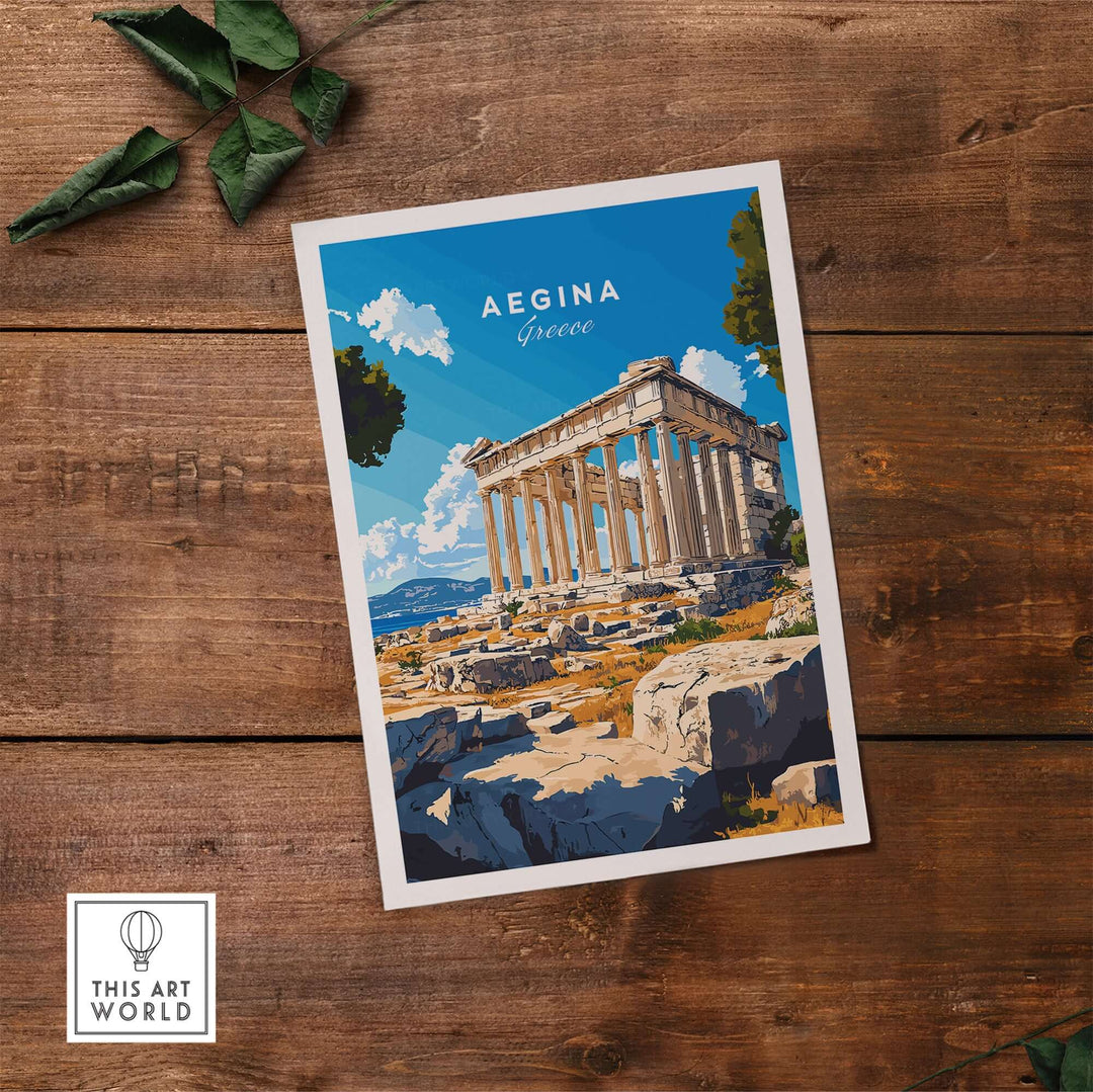 Aegina print showcasing Greek architecture and scenic landscape against a blue sky, perfect for home decor.