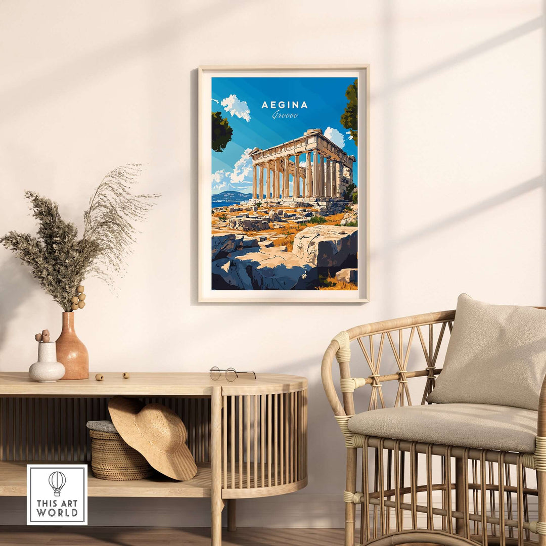 Aegina Print featuring iconic Greek architecture in a stylish living room setting. Perfect for travel lovers.