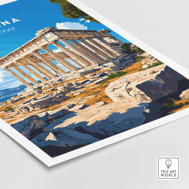 Aegina Print showcasing the iconic temple ruins of Greece with vibrant colors and clear blue sky. Perfect for travel enthusiasts.