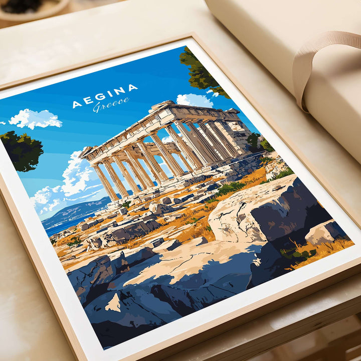 Vibrant Aegina print showcasing the iconic architecture of Greece against a clear blue sky.