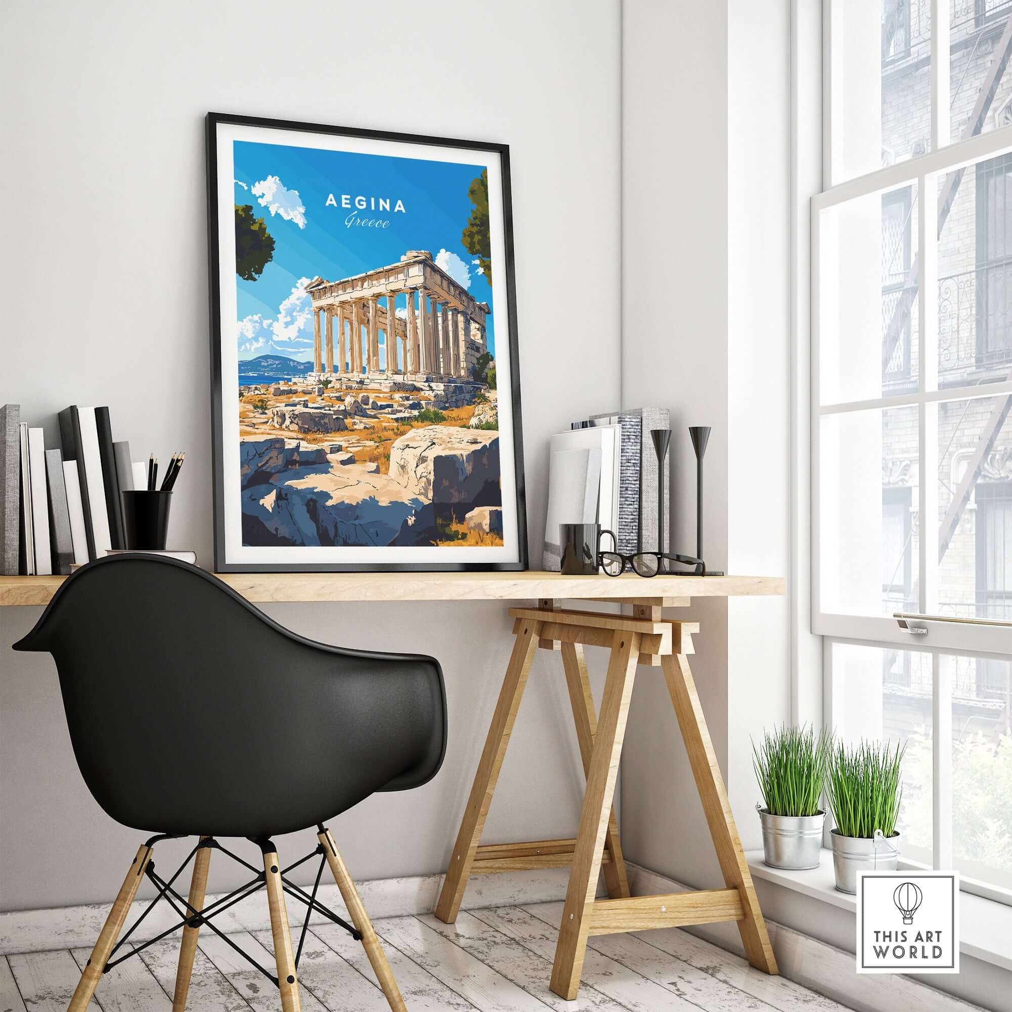 Aegina Print Greece displayed in a modern workspace, showcasing the beauty of Aegina's architecture.