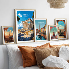 Aegina Print Greece showcasing vibrant art, including landmarks, on a stylish wall with framed prints.