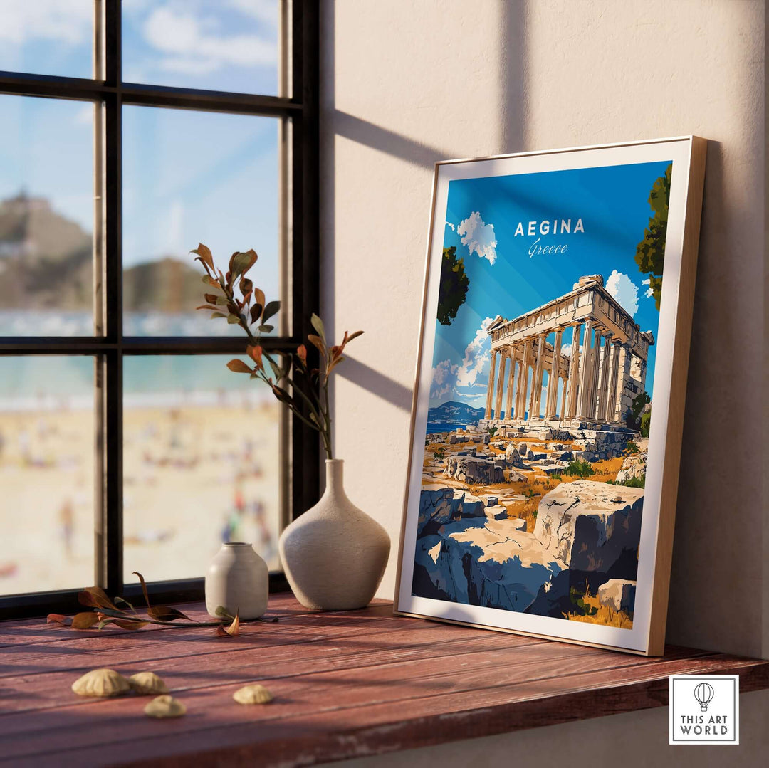 Aegina Print featuring ancient Greek architecture by a sunny window, bringing a touch of Greece to home decor.