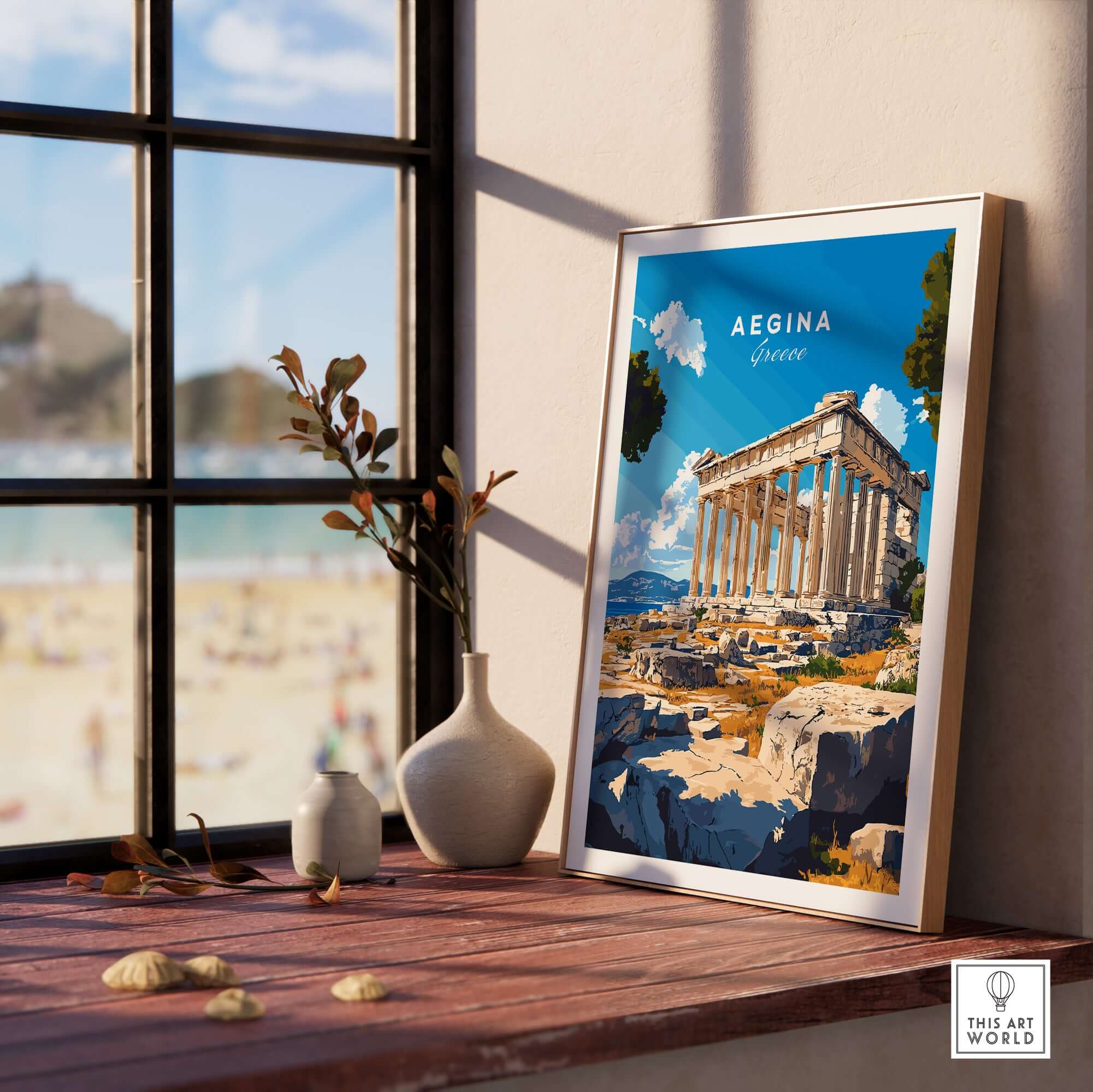 Aegina Print Greece framed artwork showcasing the Temple of Aegina with beach view.