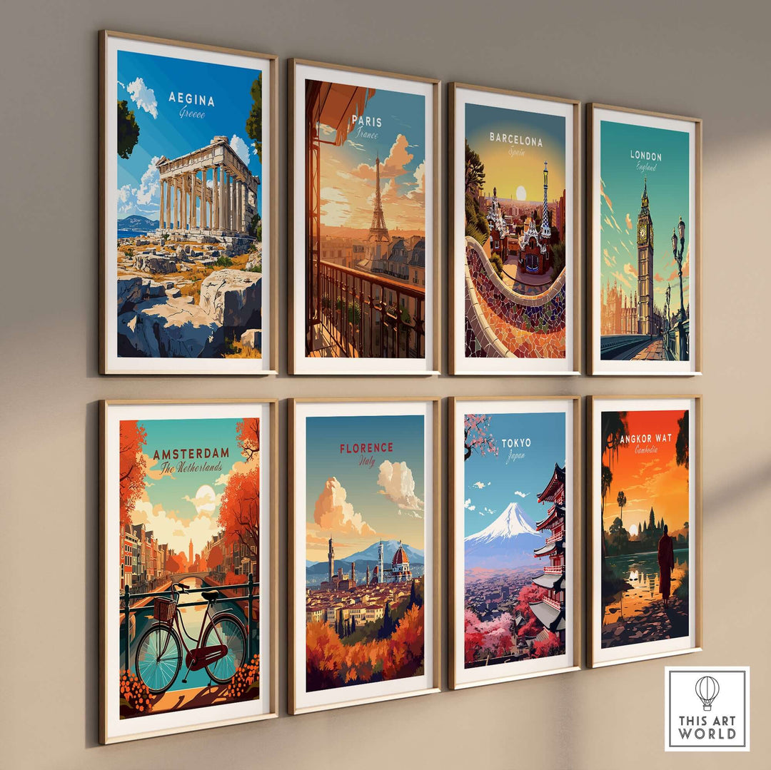 Gallery of vibrant travel prints featuring Aegina, Paris, Barcelona, London, Amsterdam, Florence, Tokyo, and Angkor Wat.