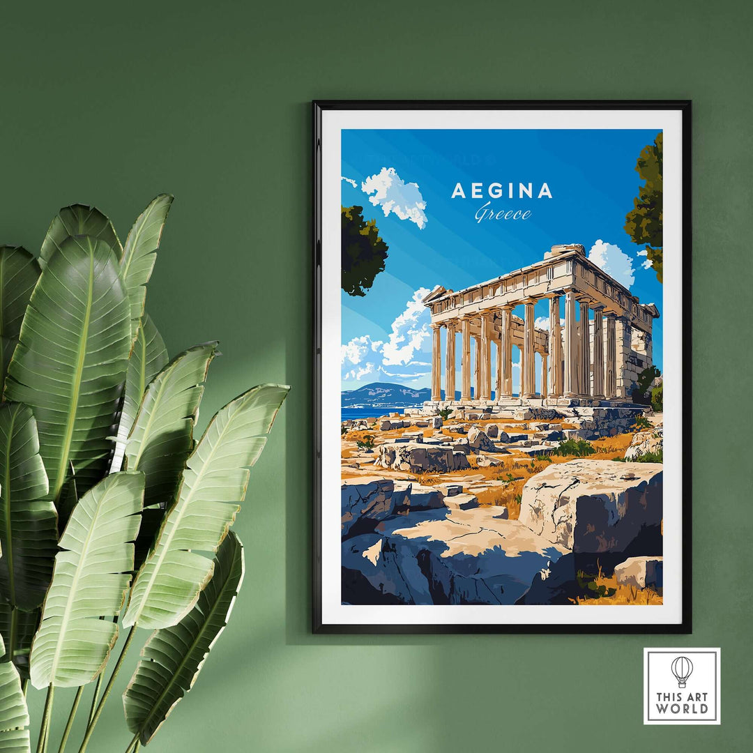 Aegina Greece print showcasing ancient architecture against a vibrant blue sky and lush green background.