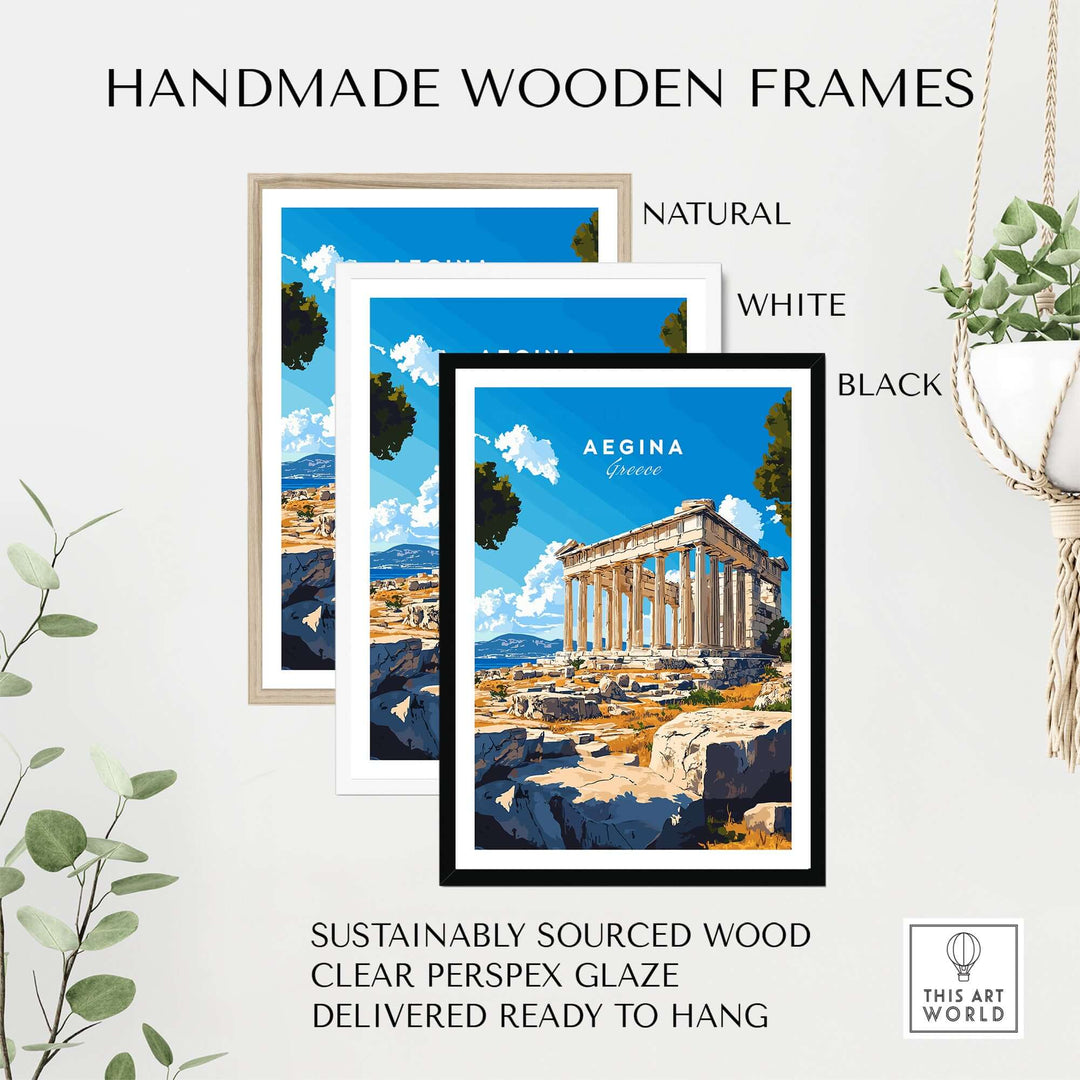 Handmade wooden frames in natural, white, and black showcasing Aegina print, sustainably sourced and ready to hang.