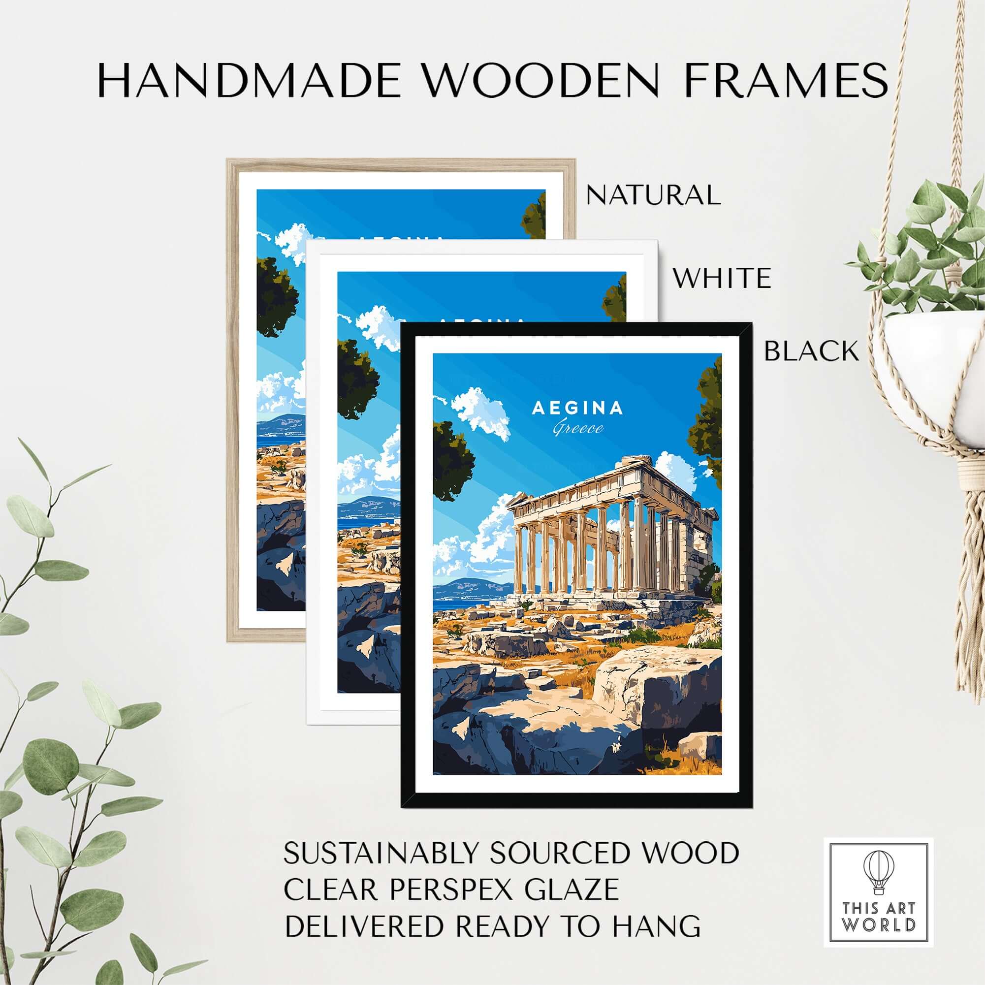 Aegina Print Greece framed in handmade wooden frames available in natural, white, and black colors.
