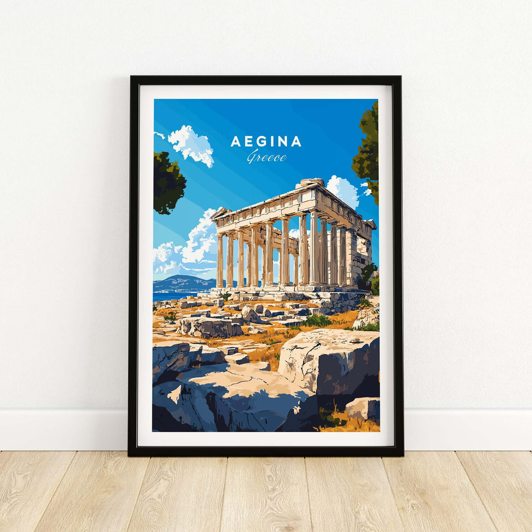 Aegina Print showcasing the iconic Temple of Aphaia in Greece with vibrant colors and sunny skies.