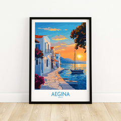 Aegina Travel Poster showcasing a picturesque sunset view over a boat-filled harbor in Aegina, Greece.