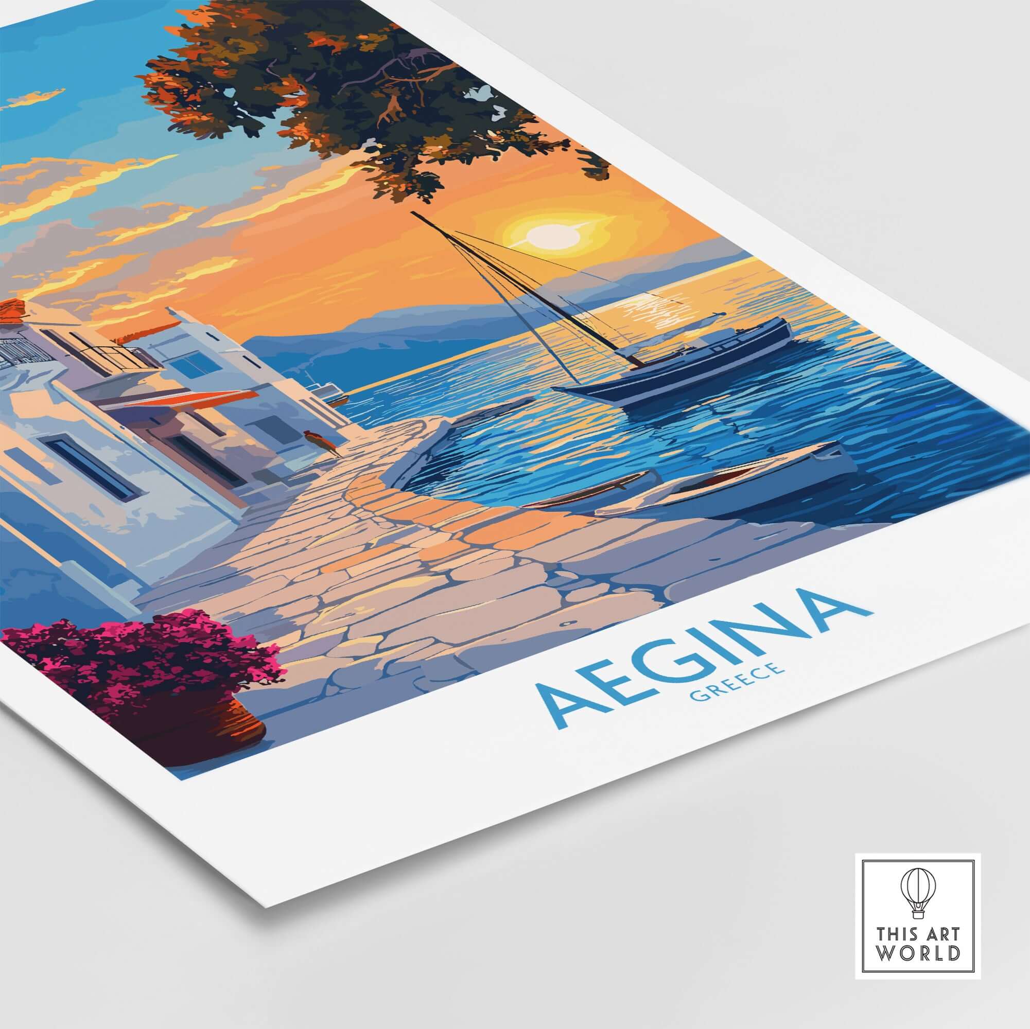 Aegina Travel Poster showcasing a beautiful sunset view with boats and charming streets of Aegina, Greece.
