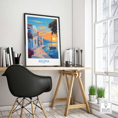 Aegina Travel Poster displayed in a stylish home office setting, showcasing the beauty of Aegina island.