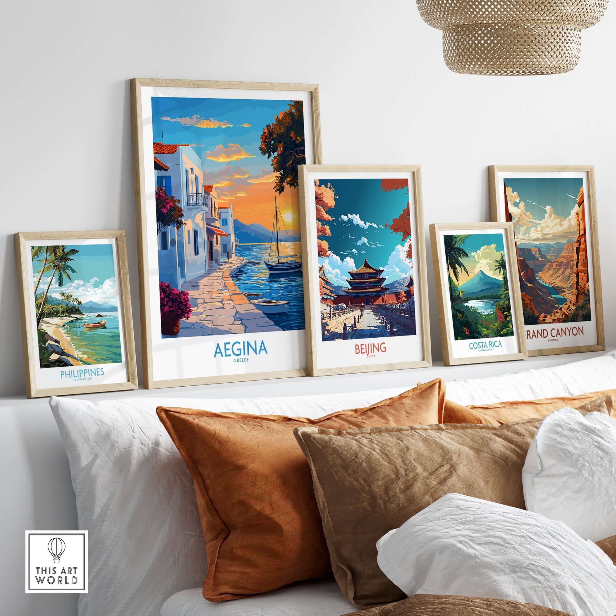 Aegina Travel Poster displayed among other travel posters on a stylish shelf, enhancing home decor.