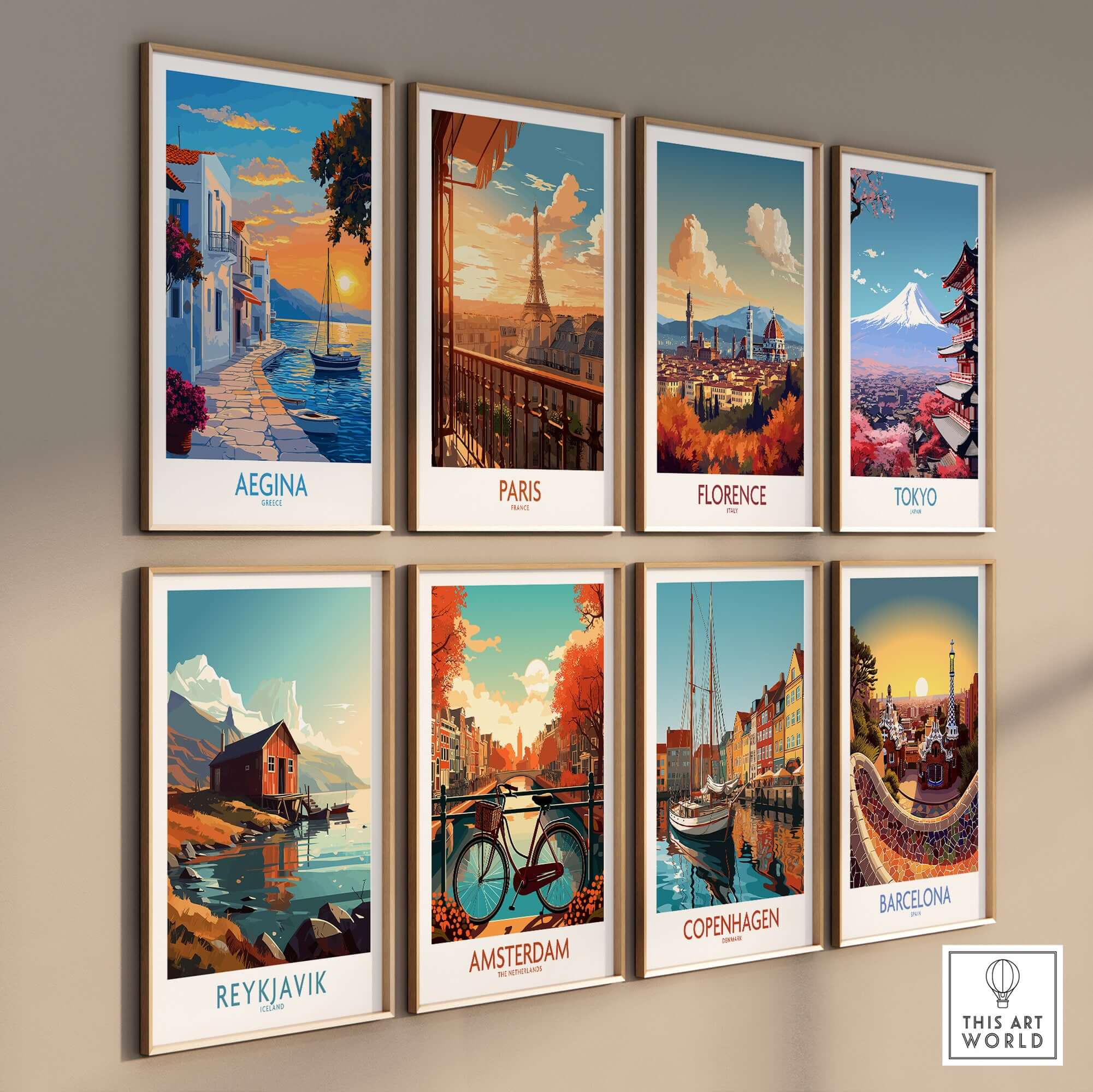 Aegina Travel Poster displayed among scenic travel posters including Paris, Florence, and Tokyo on a wall.
