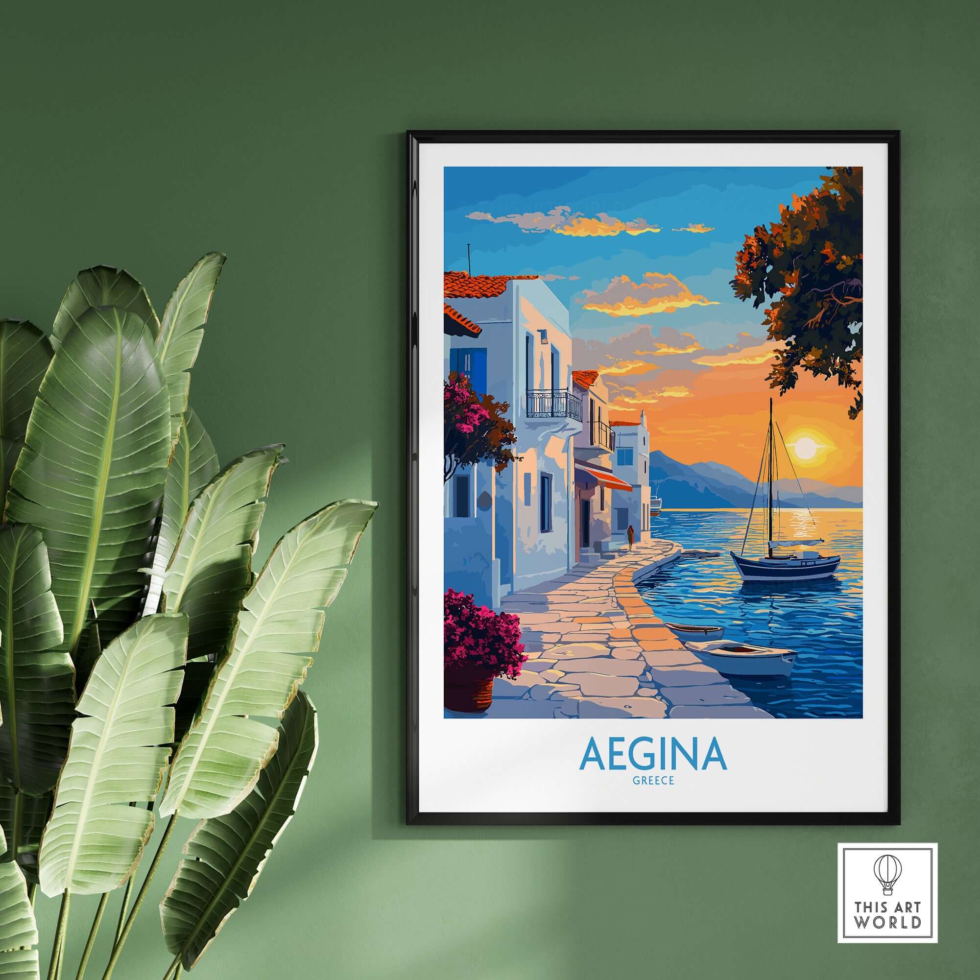 Aegina Travel Poster showcasing the beautiful coastal scenery of Aegina, Greece with a sunset and sailboat.