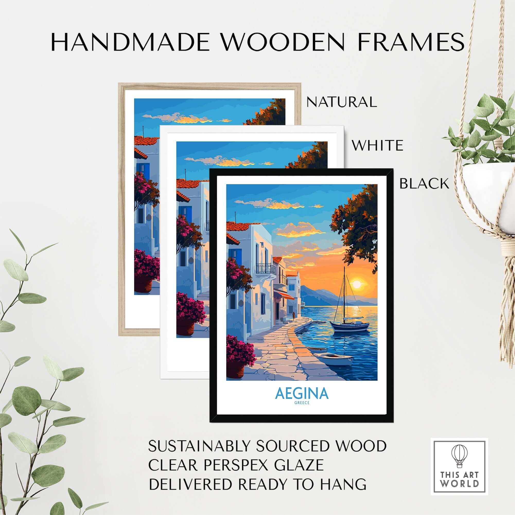 Aegina Travel Poster showcased in handmade wooden frames, featuring natural, white, and black options, perfect for home decor.