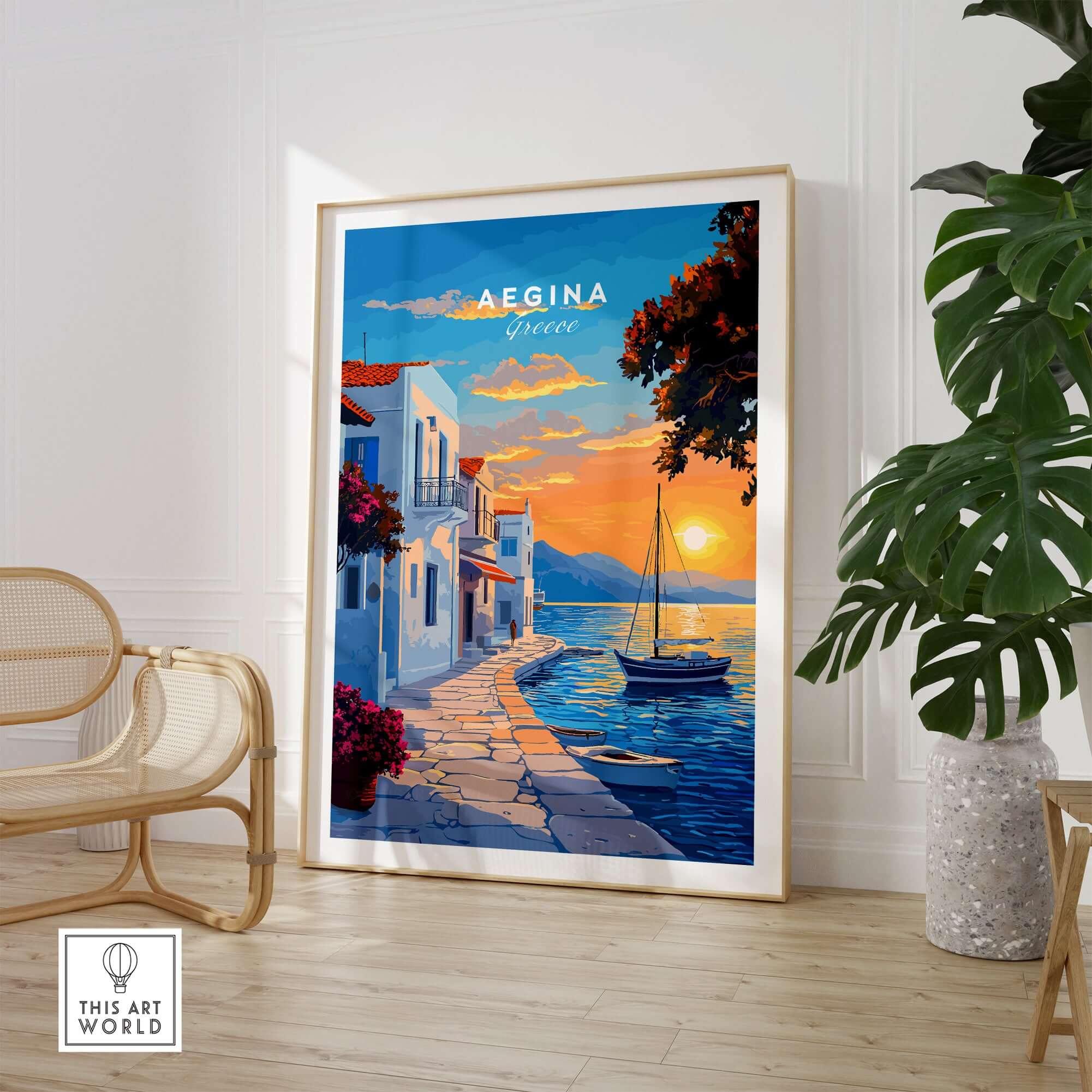 Aegina Travel Print featuring a vibrant sunset by the Greek Island Aegina with coastal scenery and a boat.