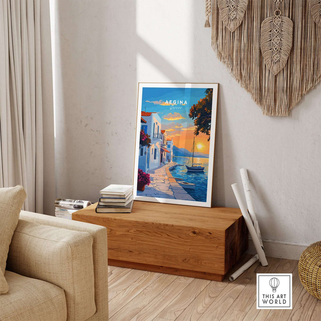 Aegina travel print displayed in a cozy living room, showcasing picturesque landscapes and Greek charm.