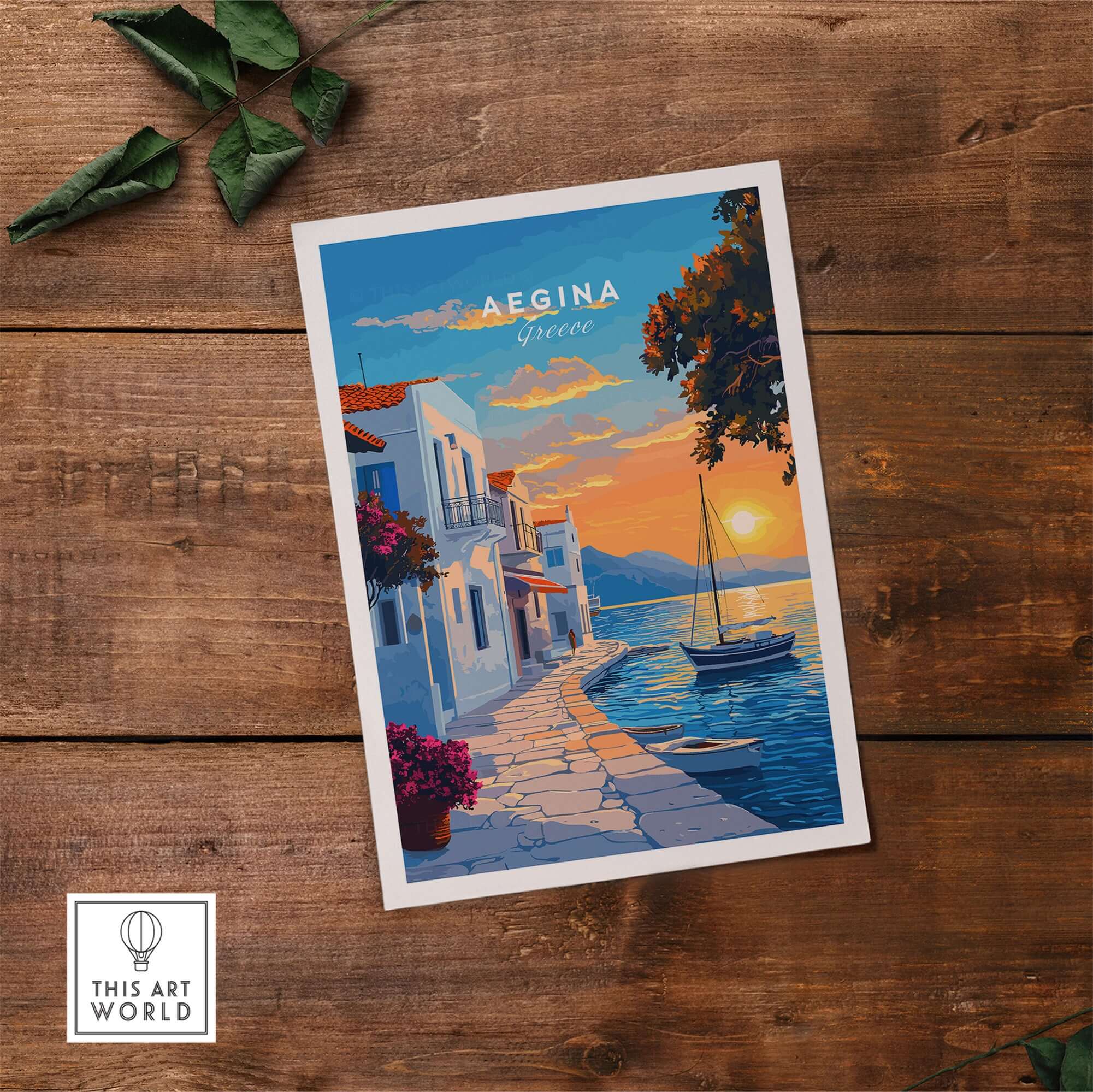 Aegina Travel Print featuring picturesque waterfront of Aegina, Greece, with a sunset and sailboat.
