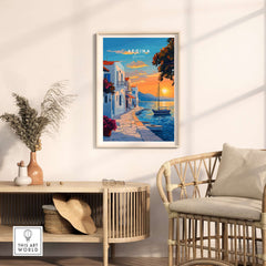 Aegina Travel Print depicting a sunset view over the Greek Island of Aegina with charming architecture and a sailboat.