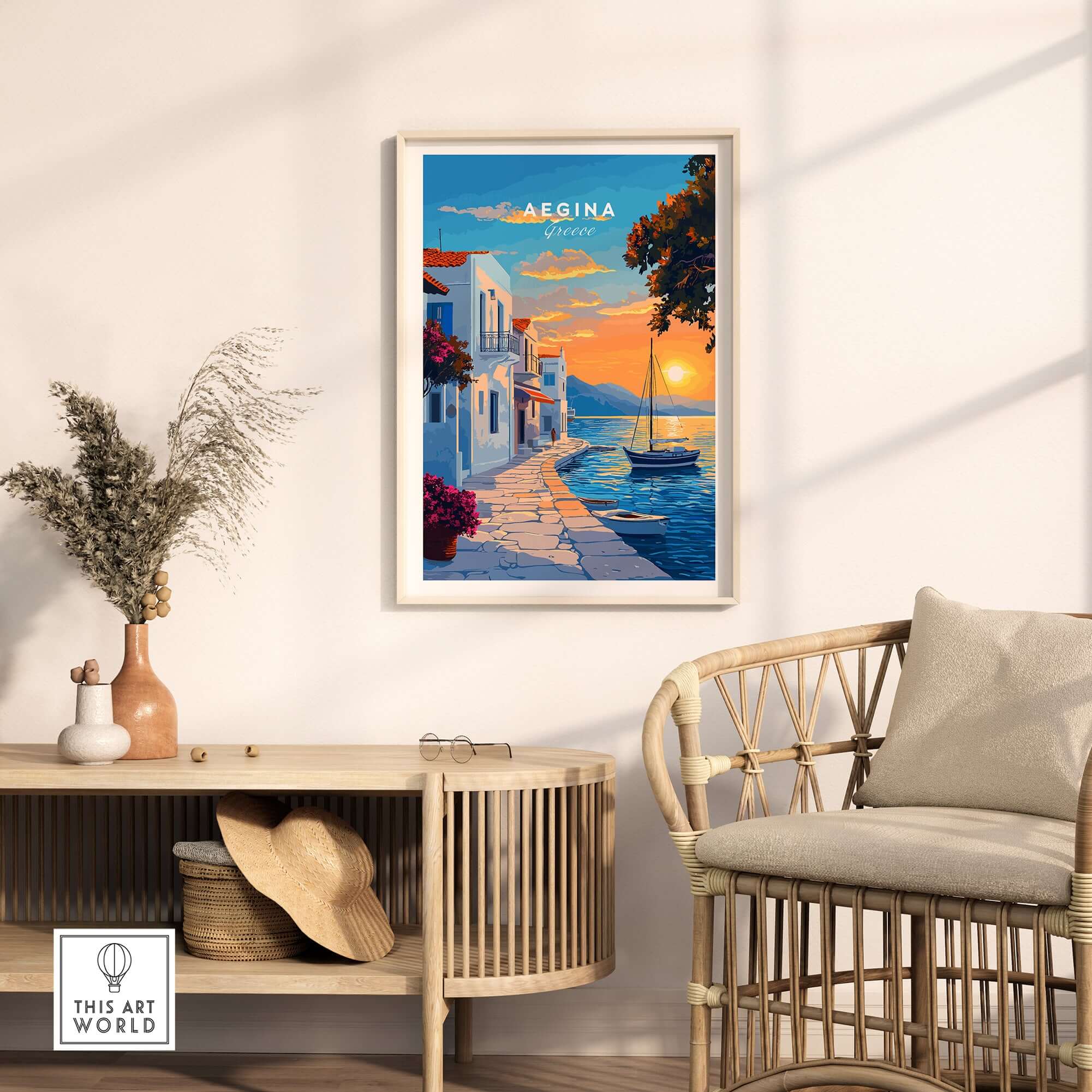 Aegina Travel Print depicting a sunset view over the Greek Island of Aegina with charming architecture and a sailboat.