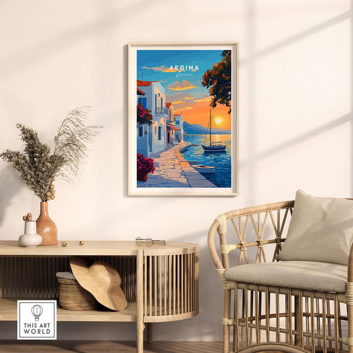 Aegina Travel Print showcasing colorful sunset over a Greek island harbor, perfect for travel enthusiasts' home decor.