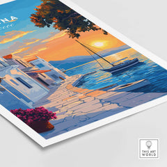 Aegina Travel Print featuring a picturesque sunset over the water and charming buildings of Aegina, Greece.