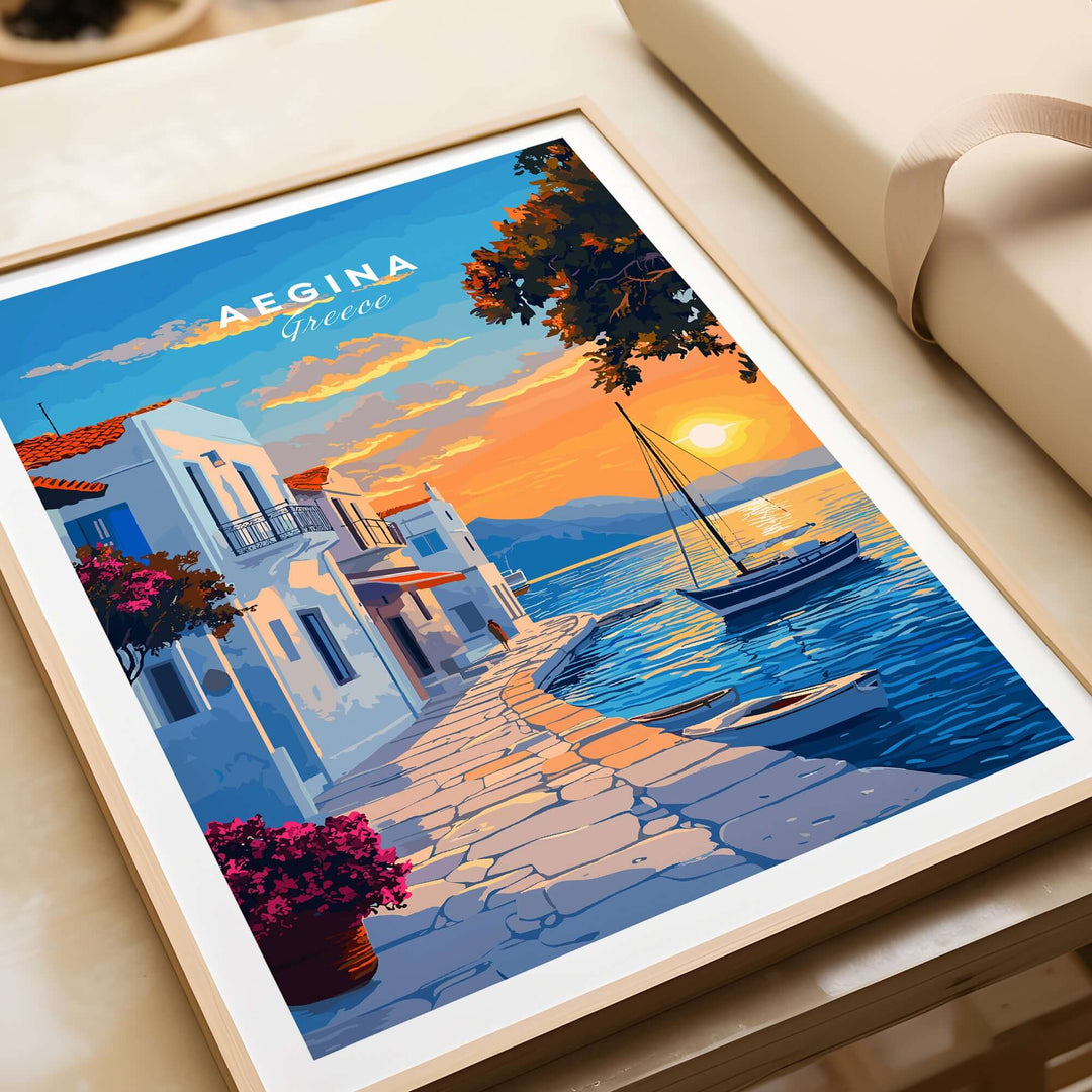 Aegina Travel Print showcasing a picturesque sunset over the Greek island's waterfront and charming architecture.