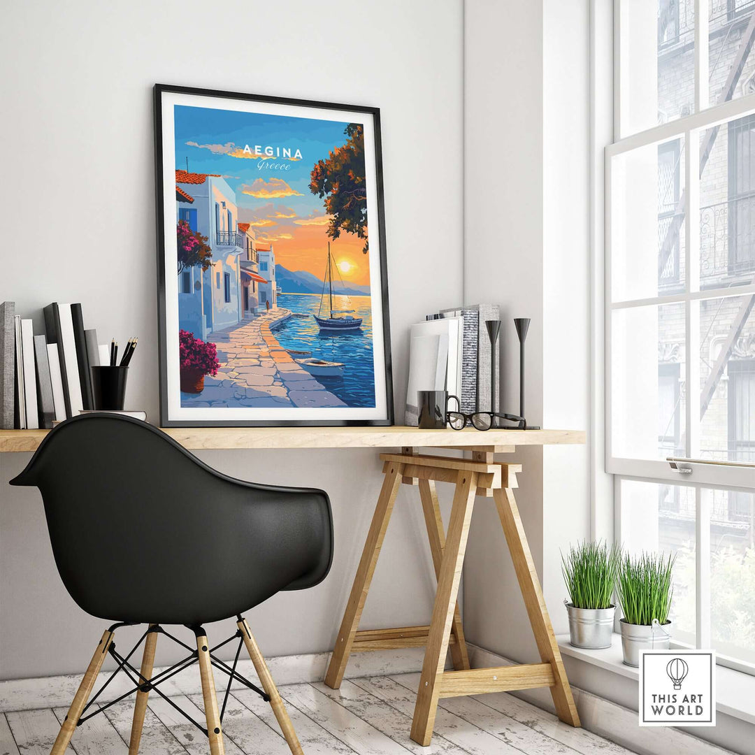 Aegina Travel Print displayed in a stylish home office, showcasing the beauty of the Greek island with vibrant colors.