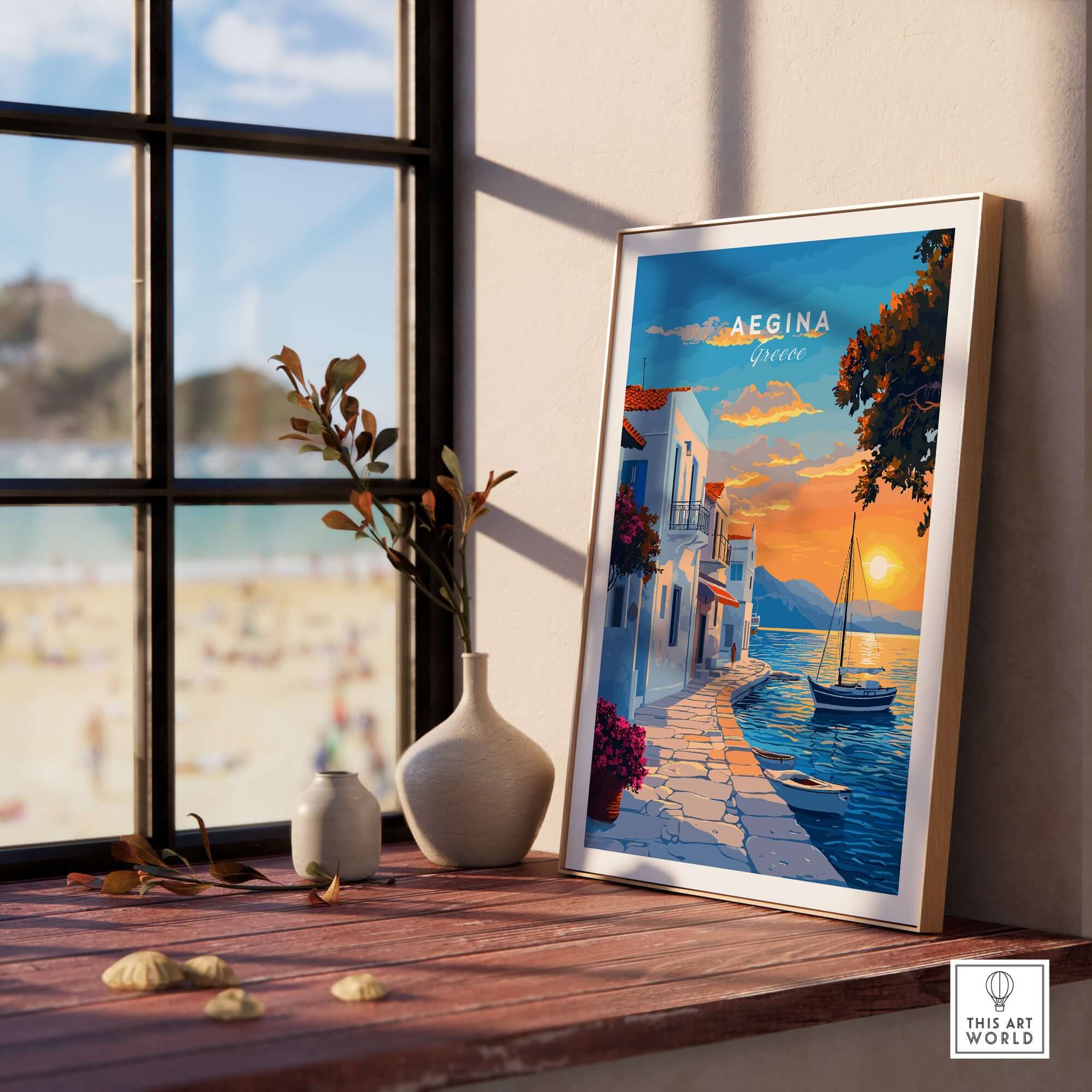 Aegina Travel Print showcasing a picturesque Greek landscape with vibrant colors and peaceful waterfront view.