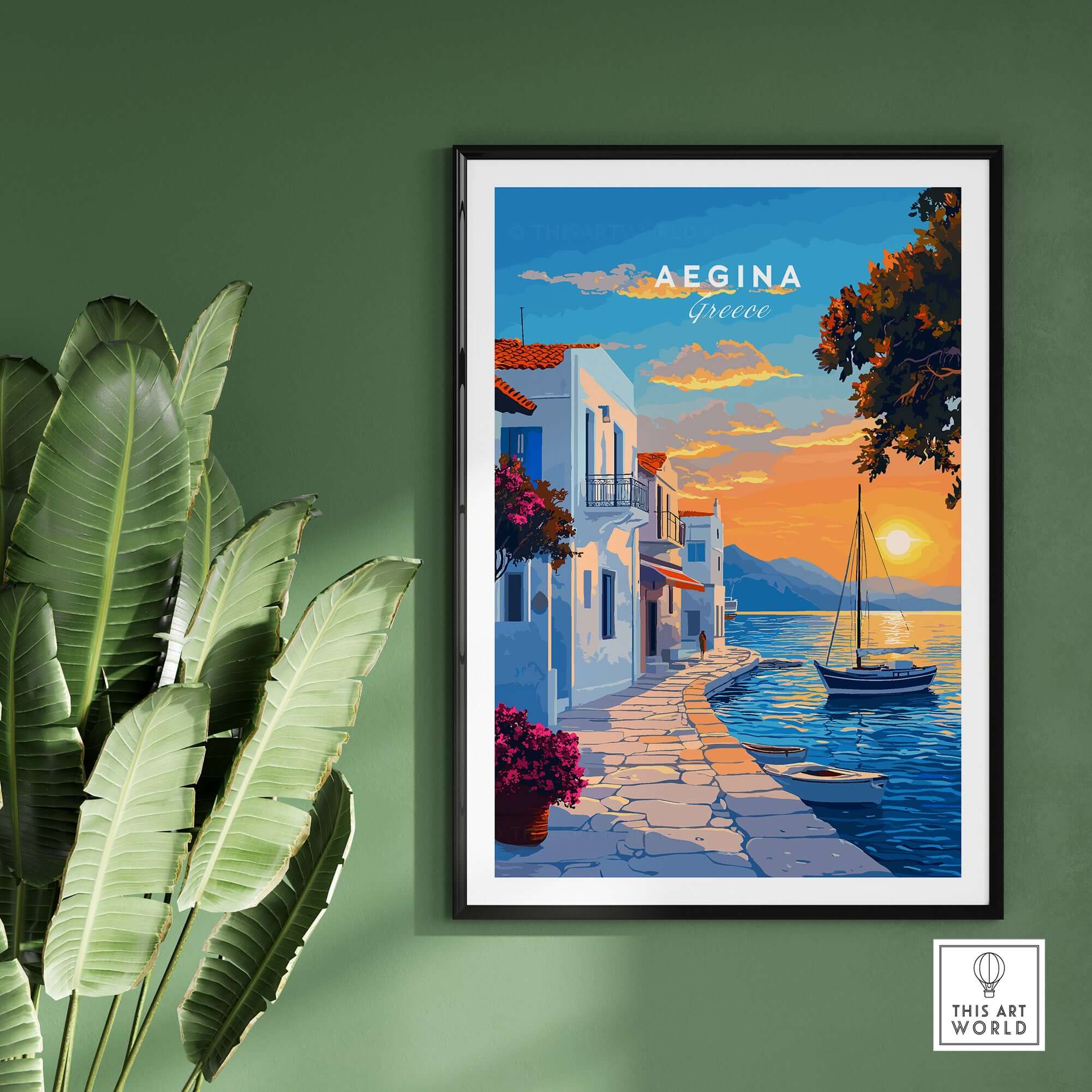 Aegina Travel Print featuring a picturesque sunset view of Aegina Island in Greece.