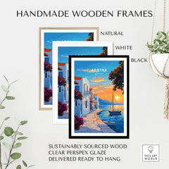 Aegina Travel Print framed in handmade wooden frames: natural, white, and black options for wall decor.