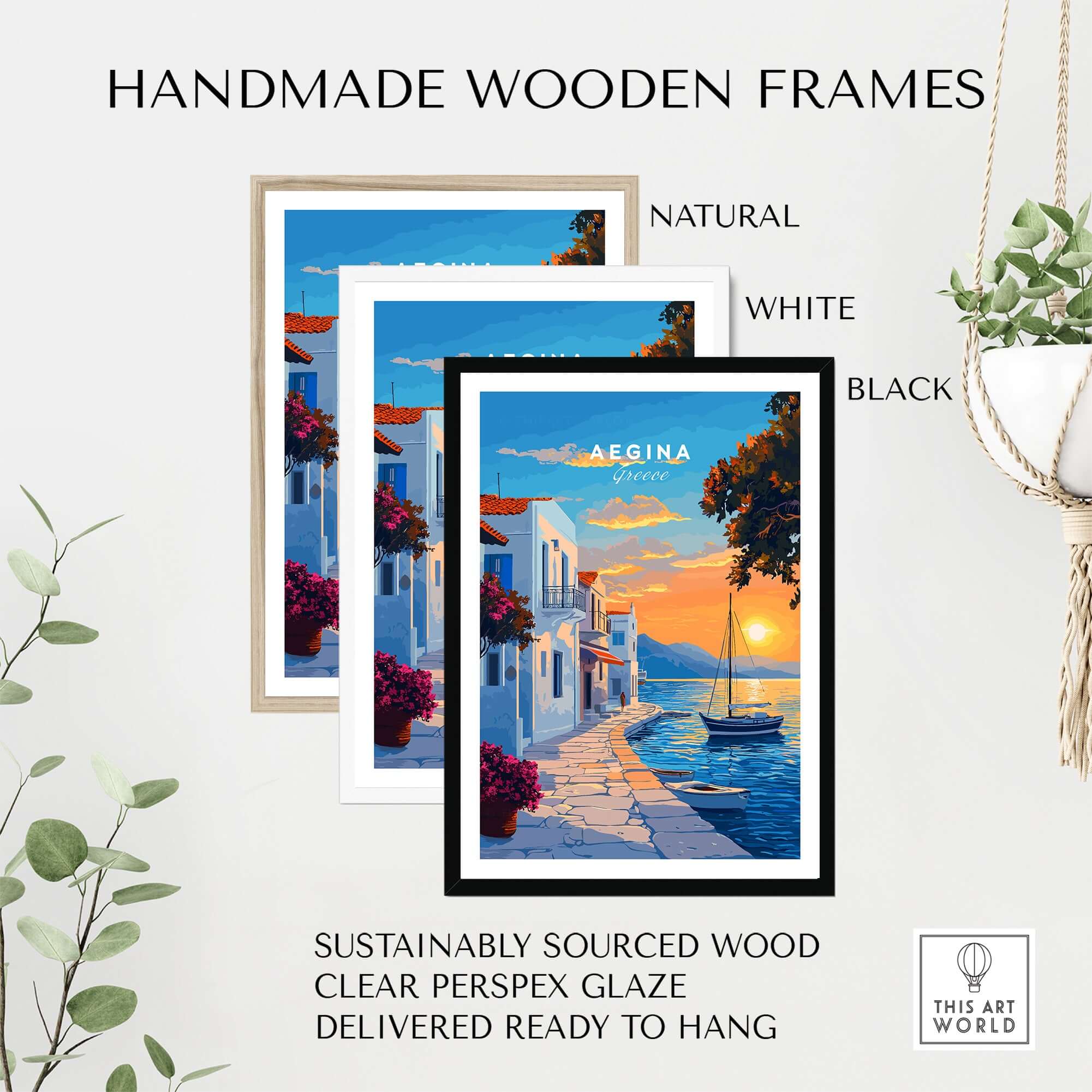 Aegina Travel Print framed in handmade wooden frames: natural, white, and black options for wall decor.